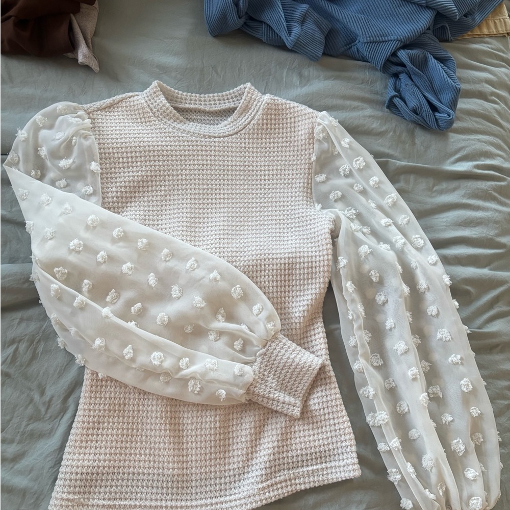SHEIN Cream Sweater with Sheer Sleeves